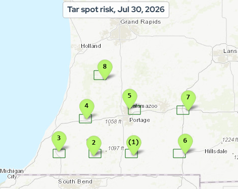 Estimated tar spot risk in corn for the past week based on the Crop Protection Network&rsquo;s Crop Risk Tool.